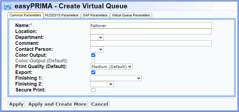 Dialogue to set up a failover queue in easyPRIMA