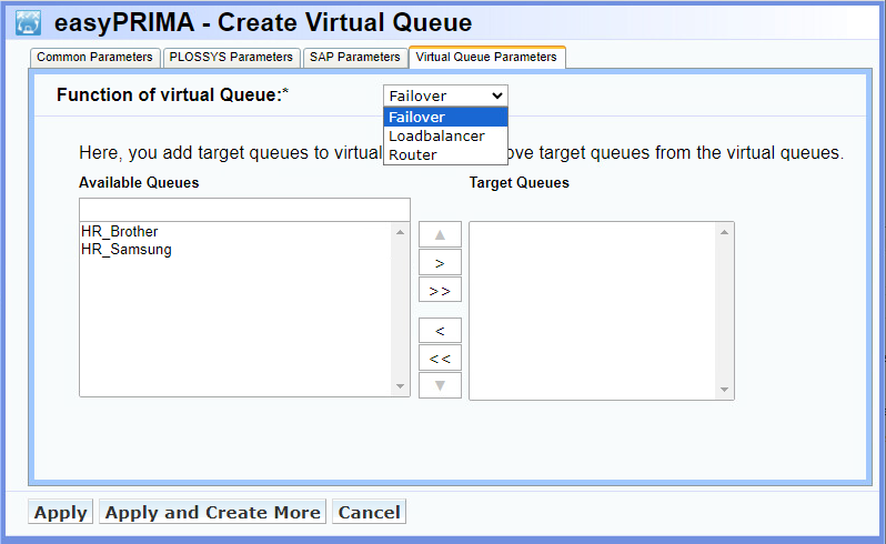 Dialogue to set up a failover queue in easyPRIMA